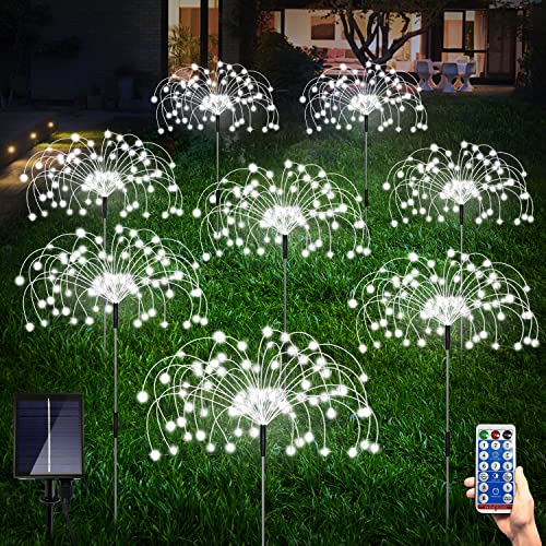 Maleyt 8 Pack Outdoor Solar Garden Lights, Firework Lights Solar Powered 8 Modes, Solar Landscape Lamp Outside Decor with Remote Control,120 LED Waterproof DIY String Lights - color: White