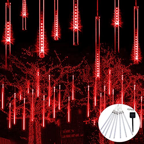 JMEXSUSS Red Solar Christmas Lights Outdoor, 8 Tube 144 LEDs Solar Meteor Shower Rain Lights, Red Twinkle Light for Tree Eaves Fence Christmas Decorations - color: Red, size: 1*144LED