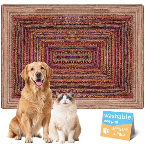 Washable Dog Pee Pads, Vintage Carpet Style, Non-Slip, Leak-Proof, Ultra-Absorbent, Reusable Puppy Training Pads & Mat for Pet Crates, Floors, Whelping & Housebreaking, 2 Pack 36"x48" - color: Sisal Bohemian Print, size: 36" ×48"(pack of 2)