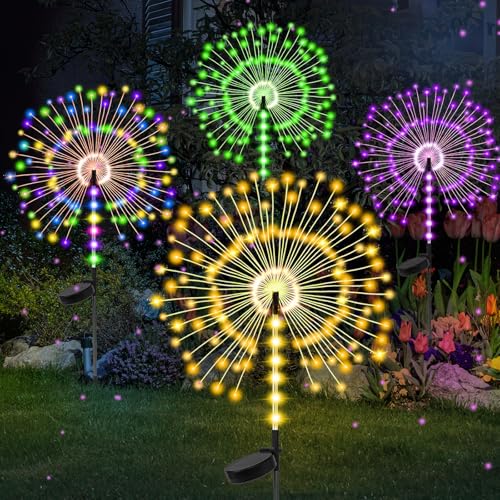 Garden Decor Outdoor Lights 500LED 4Pack, Solar Garden Lights for Outside Christmas Fairy Firework Decorative,Solar Powered for Yard Pathway Flowerbed Planter Balcony Patio Decor - color: Multicolor 04