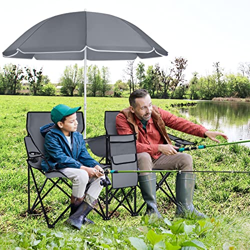 LDAILY LUARANE Folding Double Camping Chair, Outdoor Picnic Chairs w/Removable Umbrella, Mini Table, Cup Holder & Carrying Bag, Portable Camping Loveseat for Patio, Pool, Lawn, Beach, Park (Grey) - color: Grey