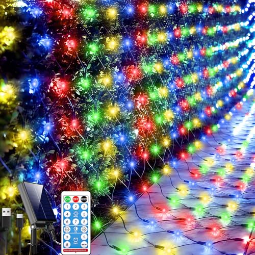 Lovelite 11.5ft x 5ft Solar Net Lights Outdoor, 240LED Christmas Mesh Lights Solar & USB Powered, Waterproof String Lights 8 Modes Green Wire for Bushes Patio Garden Holiday Party Decor (Multicolor) - color: Multicolor, size: 11.5ftx5ft (Green Wire)