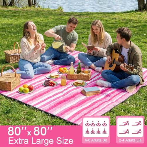2 in 1 Tote Picnic Blanket Waterproof Outdoor Camping Mat,Large Capacity Beach Blanket 80''x80'' 7 Layers Easy to Foldable and Carry. - color: Pink