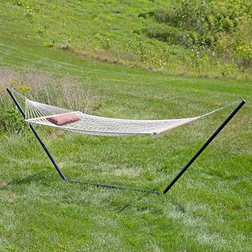 Sunnydaze Rope Hammock with Stand for Outside - Heavy Duty Freestanding Portable Outdoor Hammock Set with Quilted Pad, Pillow, and 12-Foot Steel Frame - 275 lb Capacity - Desert Stripe - color: Desert Stripe