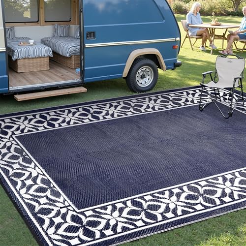 PureCozy Outdoor Plastic Straw Rug Navy Blue Large Outside Waterproof Outdoor Patio 5x8 Carpet Geometric Reversible Mat Modern for Camping RV Porch Deck Balcony Beach - color: Geo | Navy Blue, size: 5' x 8' (Rectangular)