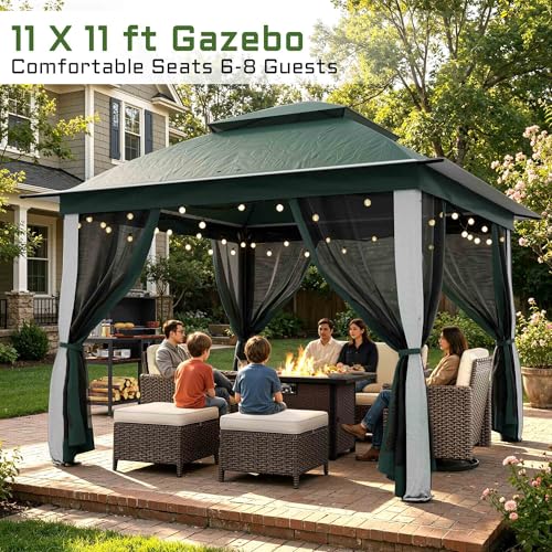 11'X11' Gazebo Pop Up with 4 Sidewalls Mosquito Netting, Heavy Duty Patio Gazebo Canopy Tent with Double Air Roofs for Backyards, Patios, Decks, Gardens, Parks - color: Green Top