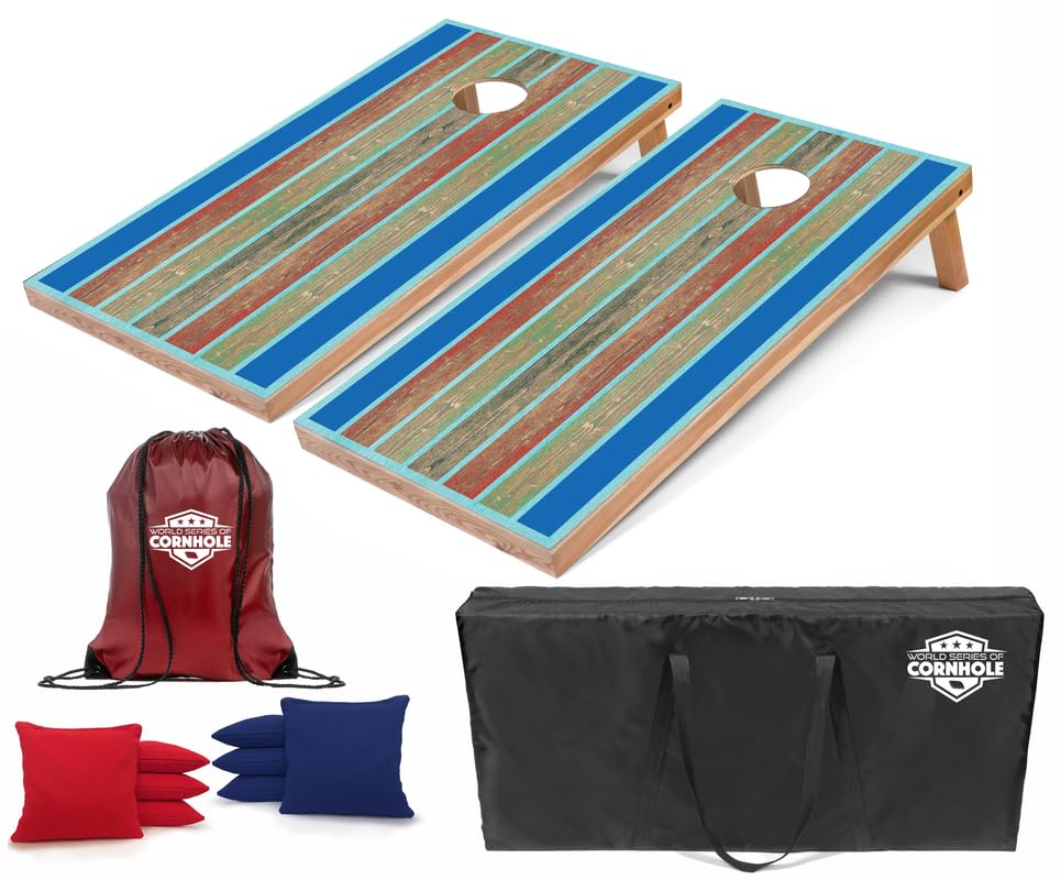 World Series of Cornhole Regulation Size Cornhole Boards – Lightweight & Durable All-Wood Construction | Backyard Bean Bag Toss Set | Rugged Outdoor Game for Tailgates, BBQs, & Backyard Battles - color: Blue Painted Wood