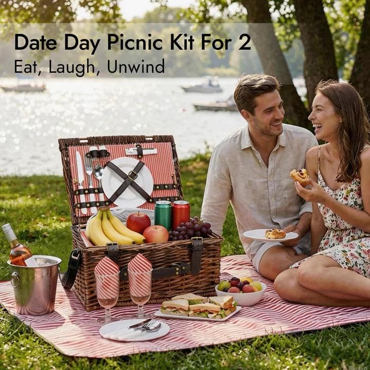 Picnic Basket Set for 2 Persons with Cooler and Waterproof Picnic Blanket, Classical Wicker Picnic Baskets with Waterproof & Sand-Proof Beach Mat,Willow Hamper Service Gift Set - size: 15.45" for 2 Persons With Cooler