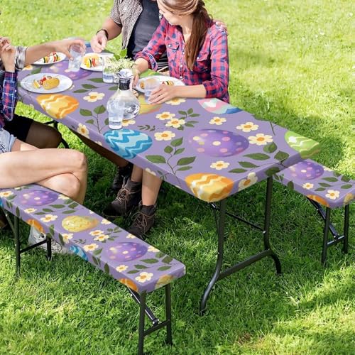 Easter Eggs Picnic Table Cover for Outdoor Camping Easter Eggs Elastic Fitted Table Cloth for Camping Party Supplies 3 PCS Set - color: Easter Eggs, size: Small