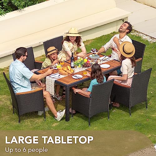 Devoko Dining 7 PCS Furniture, Patio Conversation Set with Acacia Wood Table Top, Outdoor, Beige Cushion and Black Rattan - color: Black, style: 7 Piece Dining Set