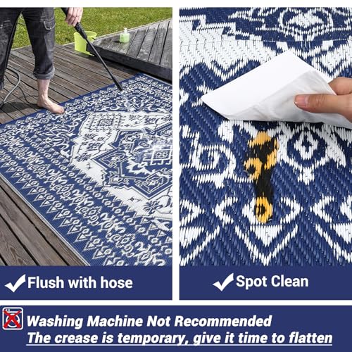 GlowSol Extra Large Outdoor Rug 10x20 Reversible Plastic Woven Straw Mat Portable Vintage Floral Waterproof Outdoor Rug for Camping, RVs, Patios, Backyards, Decks, Picnics, and Beach Use, Navy - color: Vintage Navy/White, size: 10' x 20' (Rectangular)