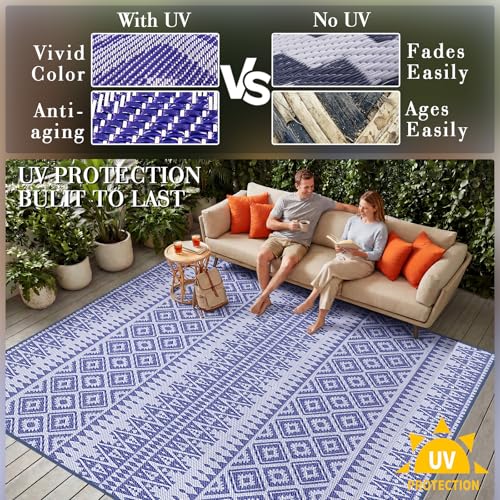 UPGRADE Waterproof Outdoor Rug 8x10 ft, Reversible Plastic Patio Rug, UV Resistant Straw Camping Mat with Carry Bag for RV Beach Deck Backyard, Blue & White - color: Blue & White, size: 8' x 10'
