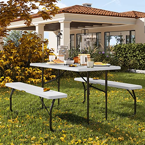 YITAHOME Folding Picnic Table w/Easy Assembly Steel Frame & Wood Like Tabletop, All Weather Folding Picnic Tables with Benches Ideal for Yard Patio Lawn Party, White - color: White
