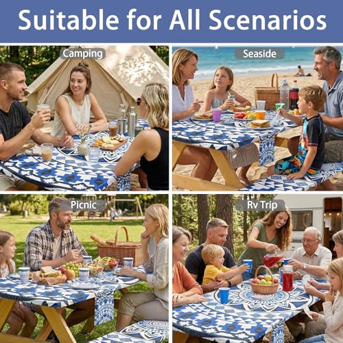 Fitted Waterproof Picnic Table Cover with Bench Covers Elastic 72×30Inch Weather Proof Non Slip Camping Table Clothes for 6Feet Rectangle Tables Campers Summer Fall Travel Hiking Tools Gifts - color: Blue Bohemian, size: 72" x 30" (Rectangular)