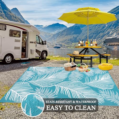 Pauwer Waterproof Outdoor Rug 6x9, Reversible Plastic Straw Patio Camping Rug, Indoor Outdoor RV Mat Carpet for Deck, Camper, Porch, Balcony, Backyard, Picnic, Leaf Teal - color: Leaf Teal, size: 6' x 9' (Rectangular)