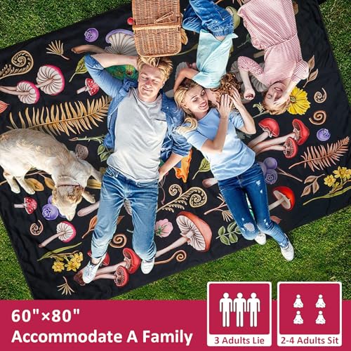 Mushroom Picnic Blankets Waterproof Foldable Picnic Outdoor Blanket 80"x 60" Picnic Mat 3-Layer Thicking Outdoor Foldable Blankets Sandproof Lightweight Beach Blankets with Strap Machine Washable - color: Mushroom01, size: 60*80in