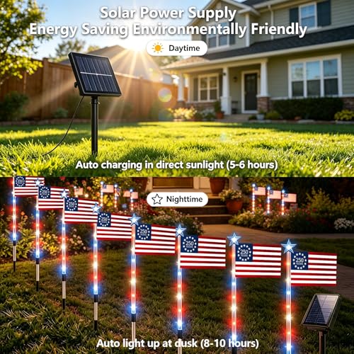8 Pack Solar American Flag Pathway Lights - Patriotic Red White Blue Outdoor Stake Waterproof LED Lights with 8 Modes, Decorations 4th of July Memorial Day & Independence Day Yard Garden (Style B) - color: Style B
