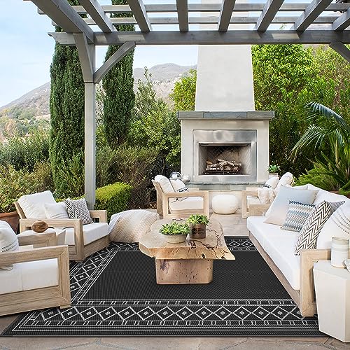 GENIMO Outdoor Rug 5'x8' Waterproof for Patio Decor, Reversible Outdoor Plastic Straw Rug Carpet, Camping Mats for Outdoor, RV, Backyard, Deck, Balcony, Picnic, Black & Grey - color: Black & Grey | Natural, size: 5' x 8' (Rectangular)