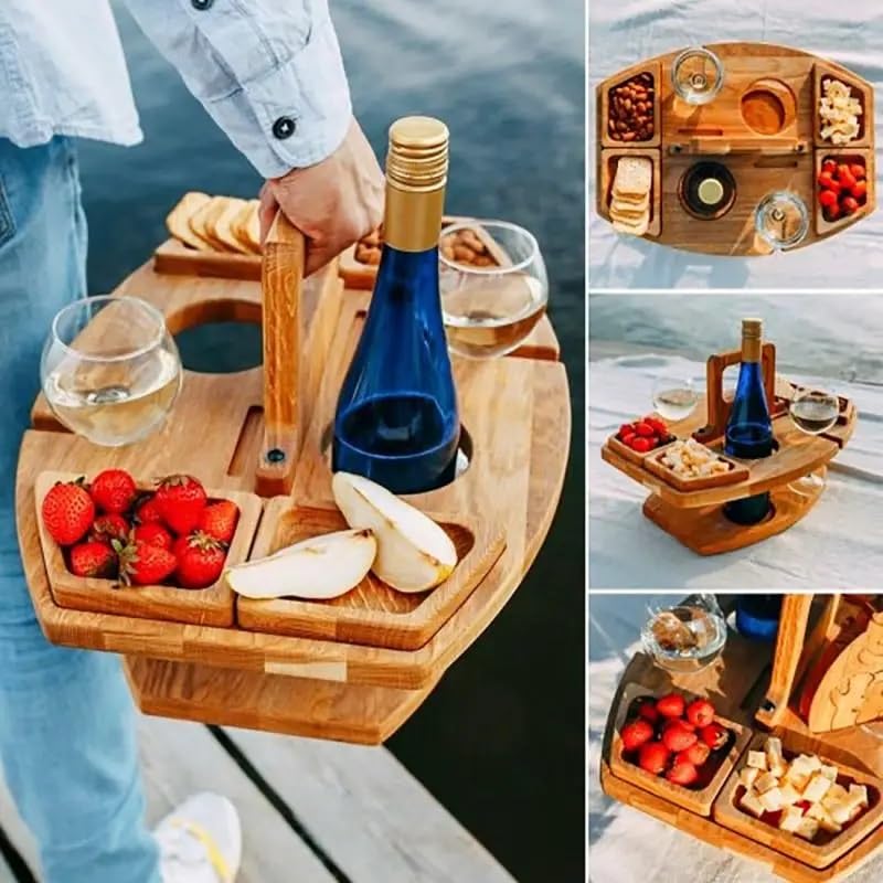Folding Wooden Picnic Table with Wine Glass Holder - Portable Camping Table for Beach, Park & Outdoor Use, Champagne and Beverage Stand - color: C