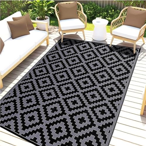 Outdoor Rugs, Outdoor Plastic Straw Rug, Reversible Waterproof Carpet for Camping, Poolside, Garden, BBQ Area, Gazebo Flooring, RV Park & Beach, Square Pattern, Black & Light Gray, 5'x8' - color: Square Frames - Black & Light Gray, size: 5' x 8'
