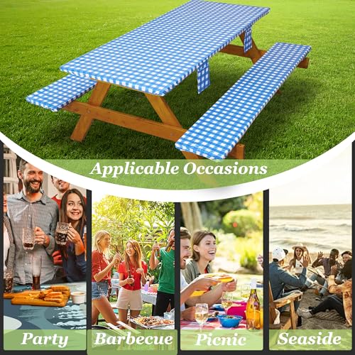 Fitted Picnic Table Cover with Bench Covers Vinyl Waterproof Elastic Edges Fitted Rectangle Tables Patio Tablecloth Camping Gear and Essentials Rv Accessories Road Trip Supplies Car Travel Must Haves - color: Blue Grid, size: 72in
