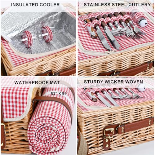 Multifunctional Wicker Picnic Basket Set for 2 with Blanket and Picnic Table, Insulated Picnic Set with Full Tablewares for Camping Outdoor Couples, Gingham - color: Gingham With Blanket &Table for 2