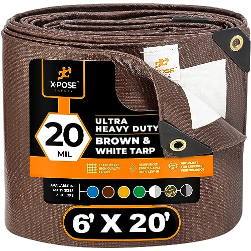 Xpose Safety 6' x 20' Brown/White Ultra Heavy Duty Tarp - 20 Mil - Heavy Duty Waterproof - Extra Large, Waterproof Tarp Cover Rain Camping,Tent Tarp,UV Protection,Reinforced Corners - size: 6' x 20'