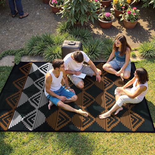Lahome Outdoor Rugs 8x10 Waterproof, Reversible Plastic Large Outdoor Rug for Patios, Outside RV Mat Carpet for Patio Deck Porch Backyard Balcony Picnic Trailer (Black/Brown, 8' x 10') - color: Black/Brown/Checkered, size: 8'x10'