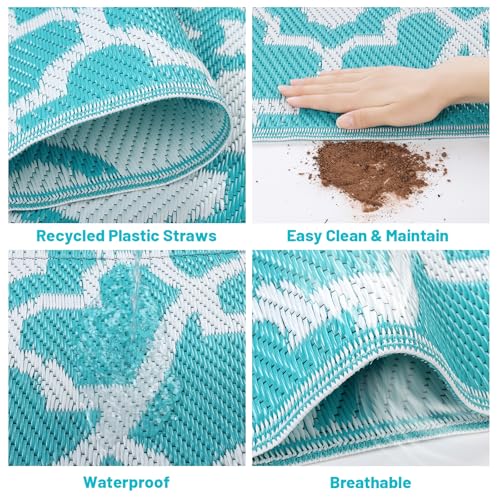 HEBE Outdoor Rug Waterproof 5x8, Plastic Straw Rug Camping Rug, Reversible Outdoor Patio Rugs RV Mat Clearance, Indoor Outside Floor Carpet for Porch,Deck,Camper,Balcony,Backyard - color: Teal, size: 5' x 8' (Rectangular)