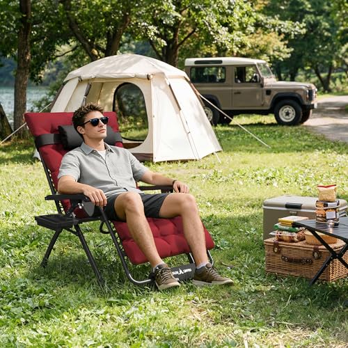 Amopatio Oversized Padded Zero Gravity Chair, XL 29In Reclining Camping Lounge Chair w/Removable Cushion&Headrest, Upgraded Lock and Footrest, Folding Patio Recliner for Indoor Outdoor, Red - color: Red XL, size: 29in