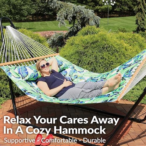 Sunnydaze Quilted Double Hammock for Outside with Spreader Bars and Pillow - 450 lb Capacity, 74x55 Inch Bed, UV Resistant, Quick Dry - Chains Included, Stand Sold Separately - Exotic Foliage - color: Exotic Foliage