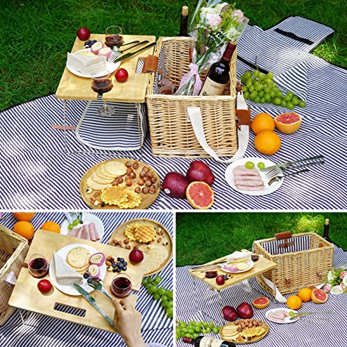 Wicker Picnic Basket for 2 with Detachable Table, Elasticated Wine Holder, Shoulder Carrying Willow Picnic Hamper Set with Premium Tableware & Blanket for Outdoor, Wedding, Anniversary, Birthday Gift - size: M for 2P-Traditional