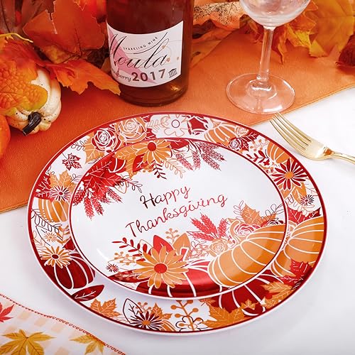Rubtlamp 60PCS Thanksgiving Plastic Plates, White Orange Pumpkin Plates, Red Disposable Plates with Maple Leaves, Fall Disposable Plates Include 30 Dinner Plates, 30 Salad Plates For Thanksgiving - color: White Orange