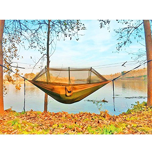 Sunyear Camping Hammock, Portable Single & Double Hammock with Net, 2 Person Hammock Tent with 2 * 10ft Straps, Best for Outdoor Hiking Survival Travel - color: A Green/Khahi, size: 55"W*106"L (Single)