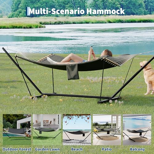 2 Person Double Hammock with Adjustable Steel Stand & Pillow, Heavy Duty Portable Outdoor Hammock Set, MAX 450 LBS Weight Capacity for Patio, Garden, Beach, Backyard - color: V-dark Gray