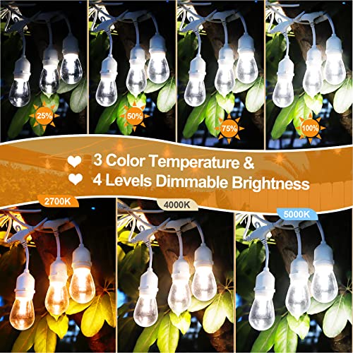 Mlambert 96FT(2x48FT) 3-Color in 1 Dimmable Solar String Lights Outdoor, Remote Patio String Lights with 30+5 LED Bulbs for Pergola Outside-White Cord - color: White, size: 96FT