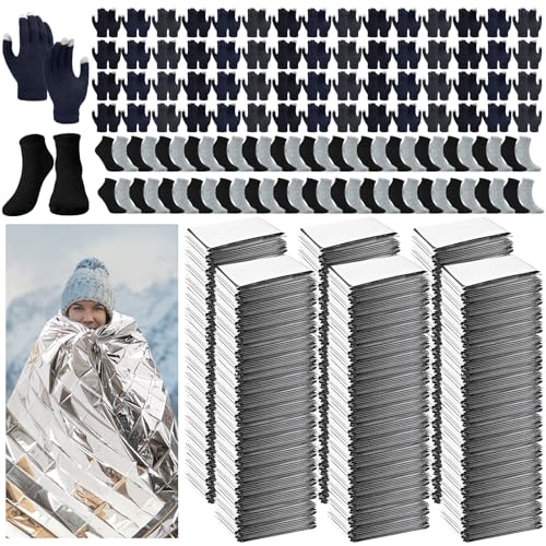180 Pcs Homeless Care Package Supplies Bulk Winter Emergency Thermal Blankets Warm Socks Touchscreen Gloves Space Blanket Survival for Cold Weather Outdoor for Men Women(Classic Colors) - color: Classic Colors