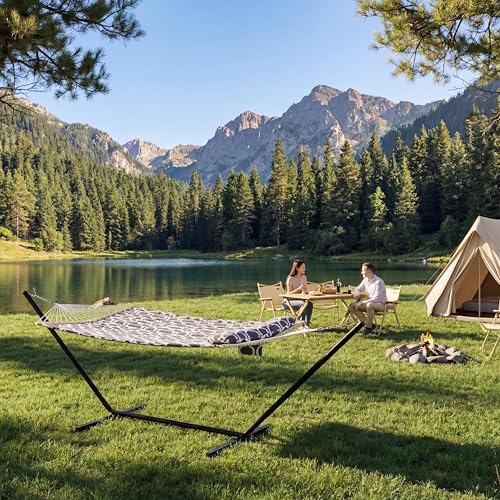 Garvee Double Hammock with Stand for Outdoor, Portable Hammock with Soft Pillow, Balance Ropes, for Patio, Garden, Backyard, Beach - color: Grey
