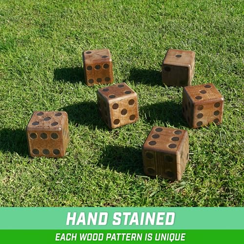 GoSports Giant Wooden Playing Dice Set with Rollzee and Farkle Scoreboard - Includes 6 Dice, Dry-Erase Scoreboard and Canvas Tote Bag - Choose 2.5 Inch or 3.5 Inch Dice) - style: 3.5 Inch Stained Wood Dice