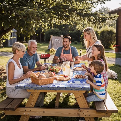 Fitted Waterproof Picnic Table Cover with Bench Covers Heavy Duty Elastic Outdoor Camping Tablecloth for 8 Foot Rectangle Tables Summer Rv Accessories Patio Garden Road Trip Essentials Gifts - color: Blue Elephant, size: 96" x 30" (Rectangular)