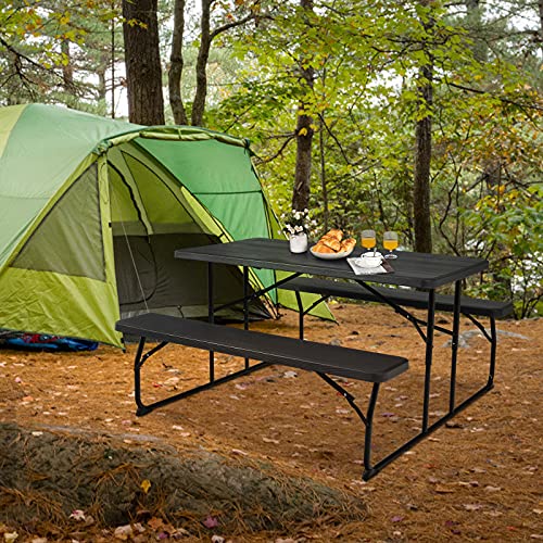 Giantex Folding Picnic Table Bench Set, Outdoor Dining Table Set, Large Camping Table for Patio Deck Lawn Garden Backyard Poolside, Portable Picnic Tables, Weather Resistant Metal Frame, Black - color: Black