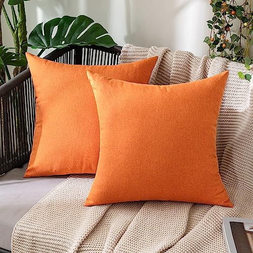 MIULEE Pack of 2 Decorative Outdoor Solid Waterproof Throw Pillow Covers Faux Linen Garden Farmhouse Cushion Cases for Summer Patio Tent Balcony Couch Sofa 16x16 Inch Bright Orange - color: Bright Orange, size: 16" x 16" (Pack of 2)