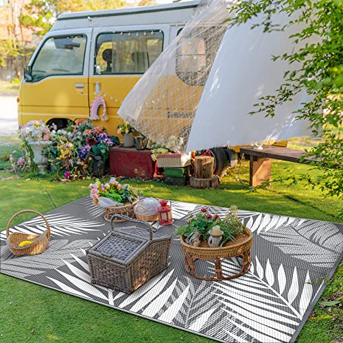 GENIMO Outdoor Rug 6' x 9' Waterproof for Patios Clearance, Reversible Plastic Straw Camping Carpet, Large Area Rugs Mats RV, Picnic, Backyard, Deck, Balcony, Porch, Beach, Grey&White - color: Grey & White | Waterproof, size: 6' x 9' (Rectangular)