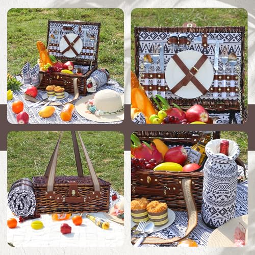 Neti Neti Wicker Picnic Basket for 2 Boho with Insulated Cooler & Waterproof Blanket – Large Willow Picnic Hamper for Outdoor, Camping, Beach, Romantic Dates, Valentine’s Day - color: Boho 4