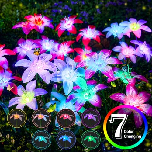 Ahaorigin Solar Garden Lights Outdoor, 4 Pack Blooming Lily Solar Flowers Outdoor Waterproof, 7 Color Changing Bigger Flower Lights for Yard Patio Decor, Gift for Mom - size: 4 Pack