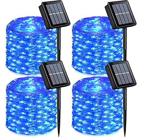 QITONG 4 Pack Solar Fairy Lights, Each 33ft 100 LED Blue Christmas String Light Outdoor Waterproof, 8 Modes Silver Wire Twinkle Mini Lights - color: Blue, size: 4Pack*100LED