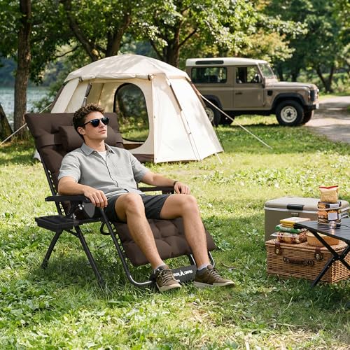 Amopatio Oversized Padded Zero Gravity Chair, XL 29In Reclining Camping Lounge Chair w/Removable Cushion&Headrest, Upgraded Lock and Footrest, Folding Patio Recliner for Indoor Outdoor, Charcoal - color: Charcoal XL, size: 29in