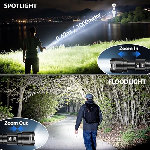 WdtPro Flashlight LED Rechargeable 2 Pack, 3 Modes Super Bright Flashlights High Lumens, Zoomable Tactical Linternas with LCD Digital Display, Powerful Handheld Flashlights for Home Emergency Camping - color: Black