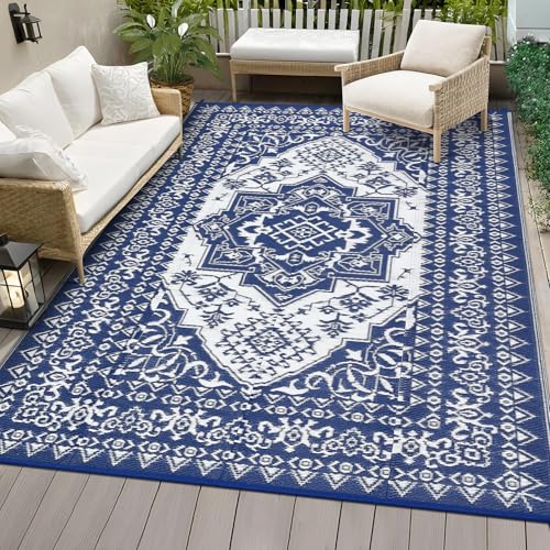 COZYLOOM Outdoor Rug Waterproof 10x14 Reversible Outdoor Plastic Straw Rugs Oriental Medallion Patio Rug Indoor Outdoor Carpet RV Mat for Deck Backyard Patio RV Camping Beach, Dark Blue and White - color: Vintage Navy/White, size: 10' x 14' (Rectangular)