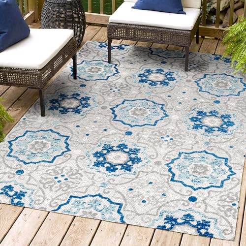 JONATHAN Y Mediterranean Medallion Indoor Outdoor Area Rug 9X12 Blue/Gray, Boho for Backyard, Patio, Porch, Easy-Cleaning, High Traffic, Pet-Friendly, Non-Shedding (AMC101A-9) - size: 8'8" x 12' (Rectangular)